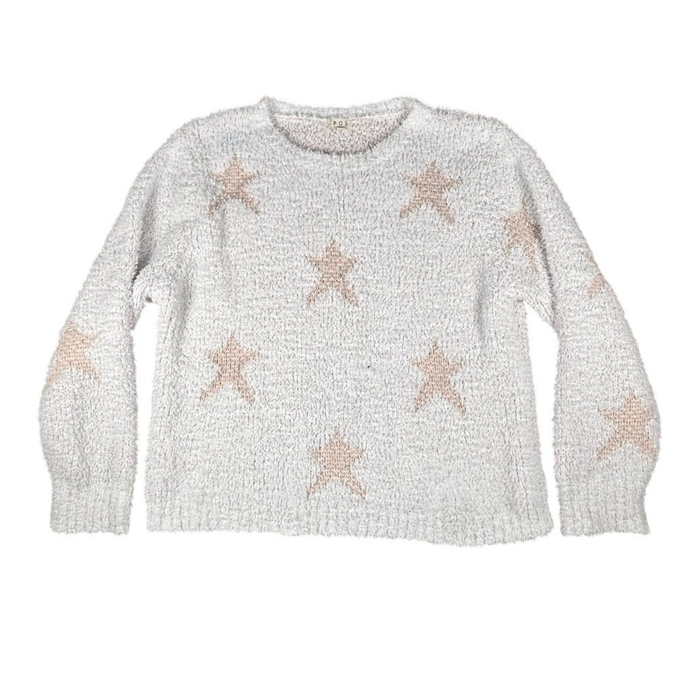 POL Sweater Womens Size L Gray Beige Star Print Eyelash Knit Crewneck